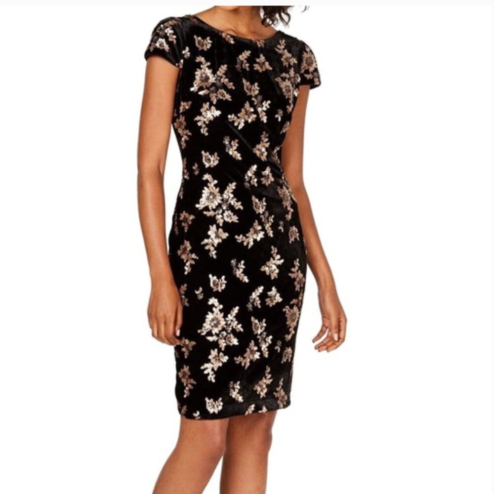 CALVIN KLEIN Velvet Floral Champagne Gold Sequined Dress Black Sz 4